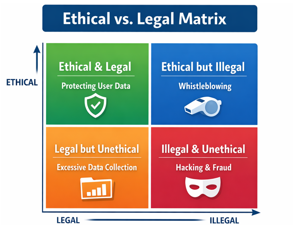 Diagram of a four-quadrant ethical vs. legal matrix. The vertical axis represents ethical versus unethical actions and the horizontal axis represents legal versus illegal actions. The four quadrants illustrate: ethical and legal actions, ethical but illegal actions, legal but unethical actions, and actions that are both illegal and unethical.