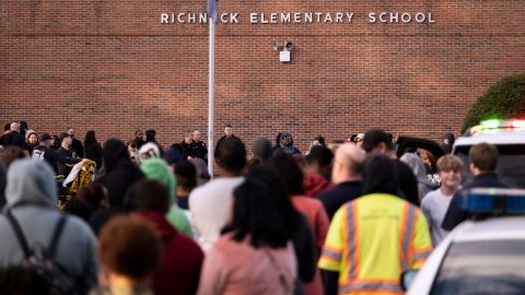 Students and police gathered at Richneck Elementary School after shooting in 2026 in Newport News, Virginia.
