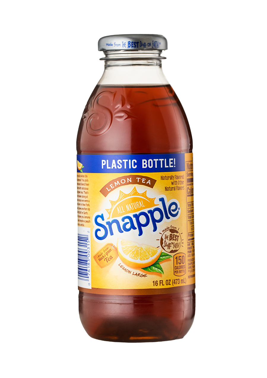 A Snapple bottle label featuring the 'Lemon Tea' flavor. The label prominently displays the Snapple brand name in bold blue letters, with a sun icon and 'All Natural' text above it. An image of a lemon slice and green leaves is depicted at the bottom center of the label, highlighting the lemon flavor. Additional details such as '150 calories per bottle' and other product information are displayed around the sides. The label has a yellow and orange color scheme, reflecting the lemon tea theme.