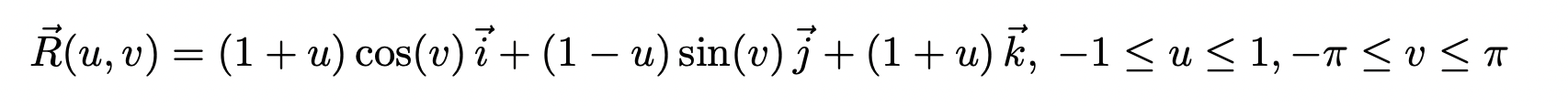 ?(u, v) = (1+u) cos(u) 7 + (1 – u) sin(v) 7 +(1+u) k, -1 SuS1, -A SUST << -a < = -