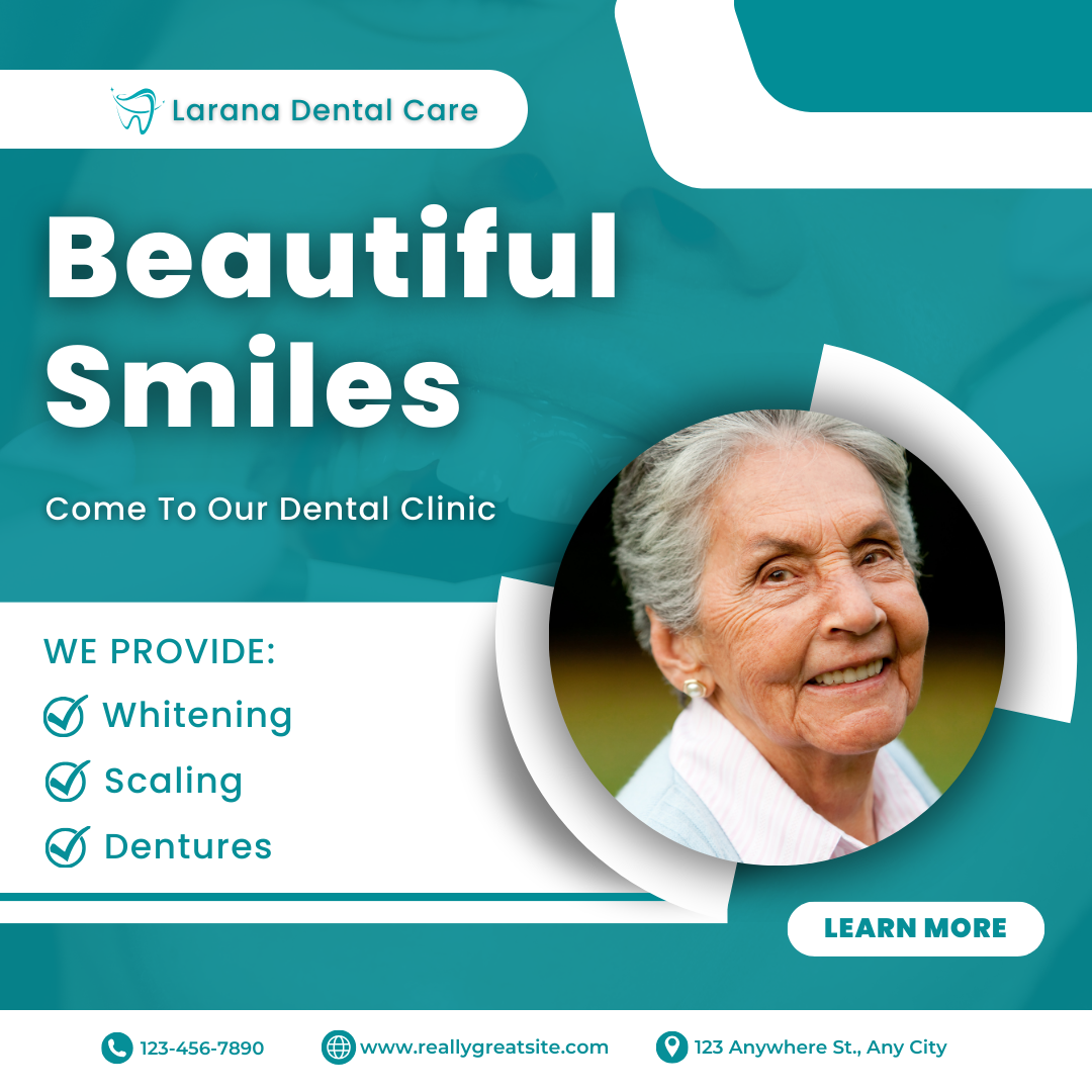 Smiling older woman surrounded by information about a dental clinic, including services offered, phone number, website, and address.
