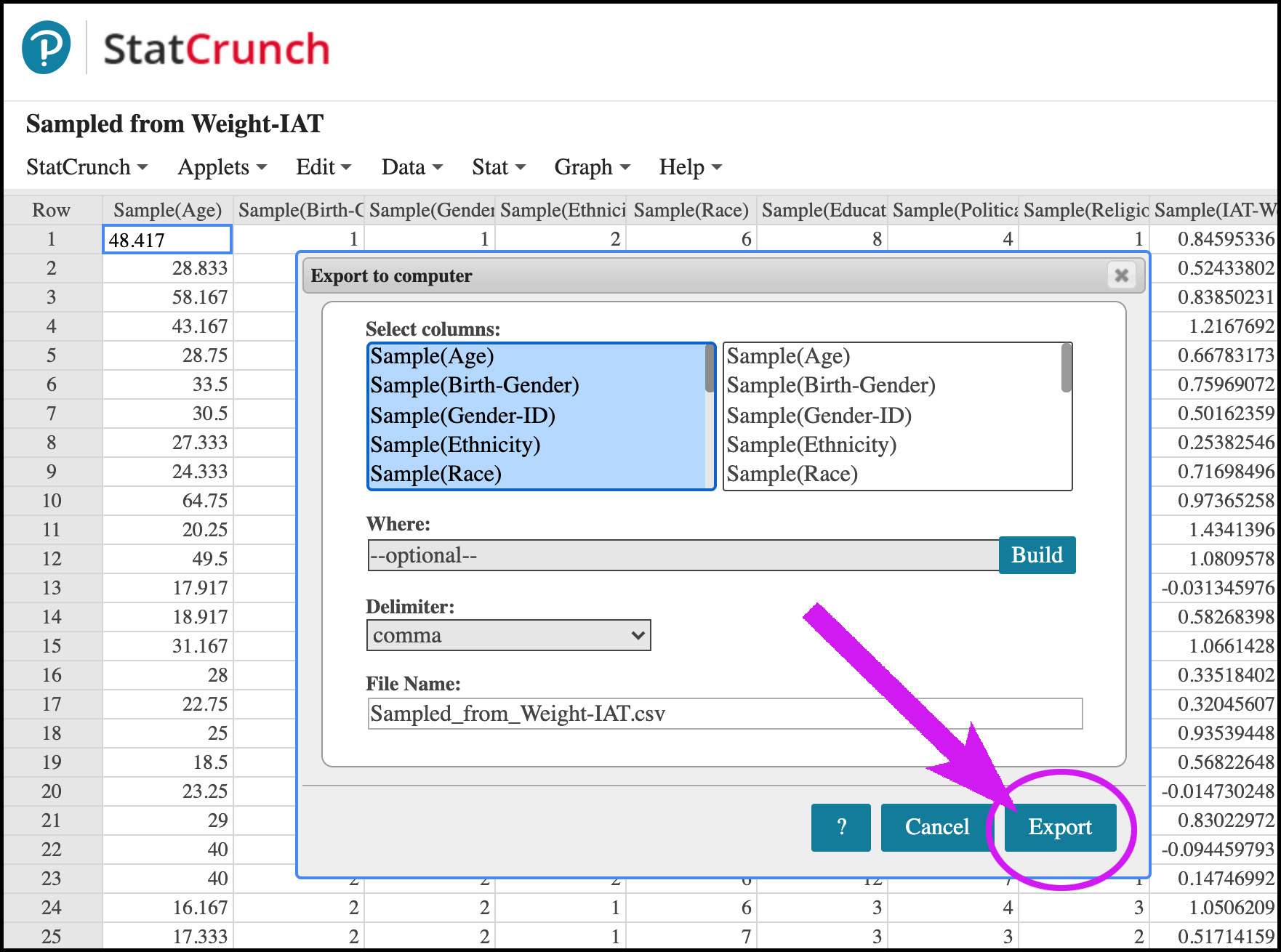 Arrow pointing to the Export button in Export-to-computer window