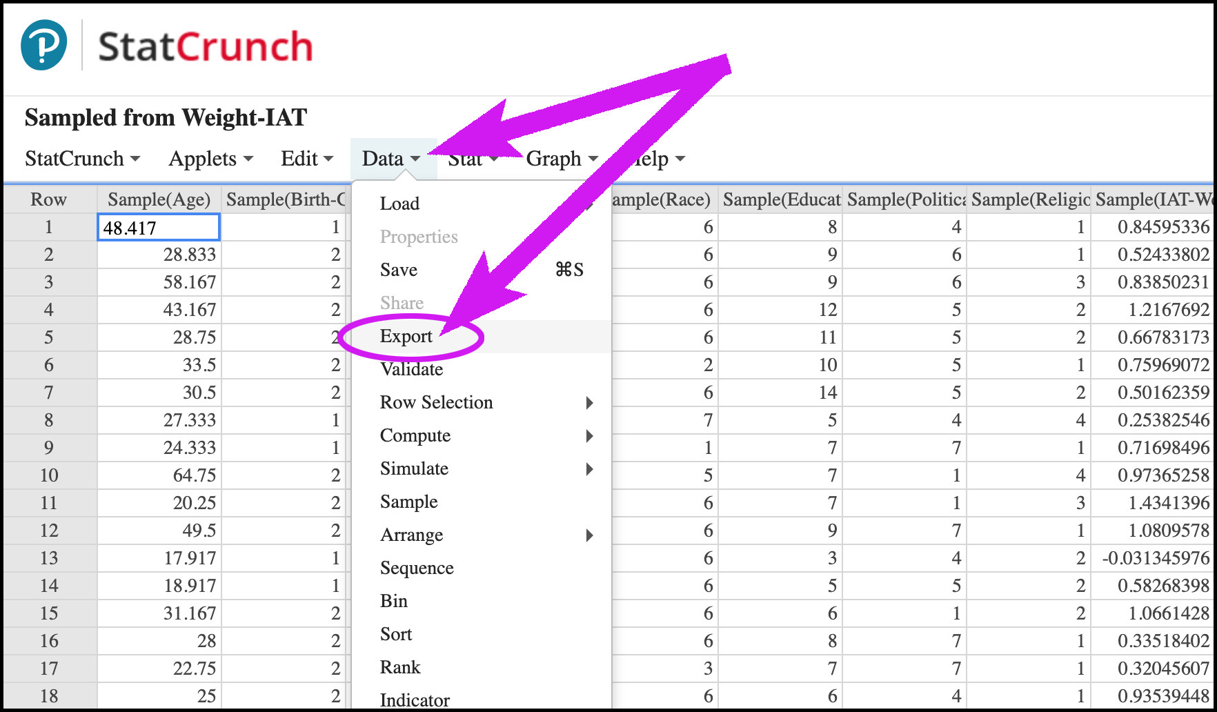 First arrow points to the Data dropdown menu, and the second arrow points to Export in the dropdown list.