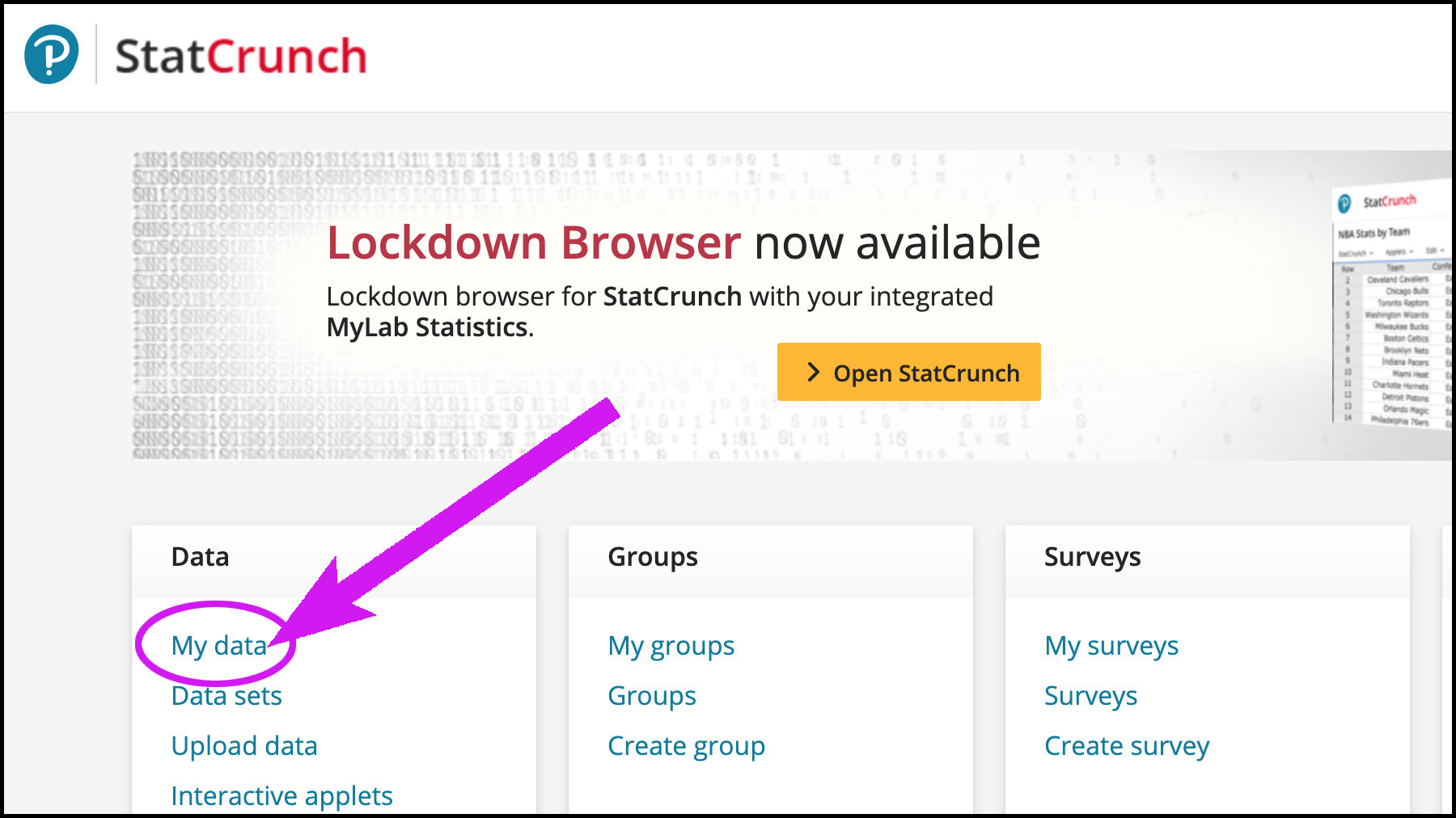 Arrow pointing to My Data in the Data menu list on the StatCrunch homepage