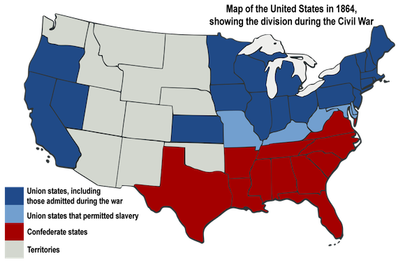 The map shows the division between the Union states, including those admitted during the war, Union states that permitted slavery, Confederate states, and the territories during the Civil War.