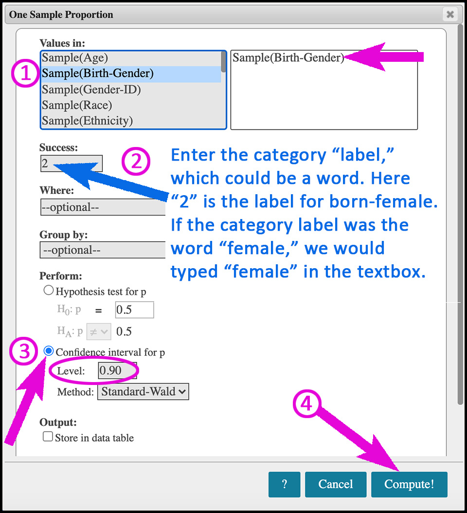 In the StatCrunch One Sample Proportion window: Birth-Gender is the selected variable; the label "2" is entered in the Success textbox; the "Confidence level for p" radio dial is checked and 0.90 is entered in the "Level" textbox; and arrow points to the Compute! button.