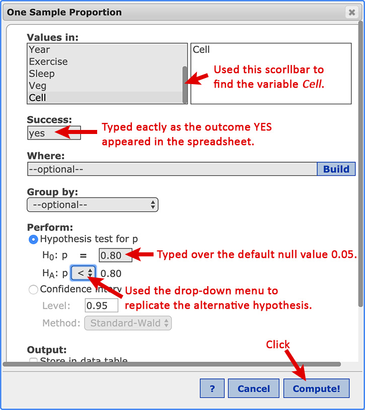 StatCrunch: completed One Sample Proportion window